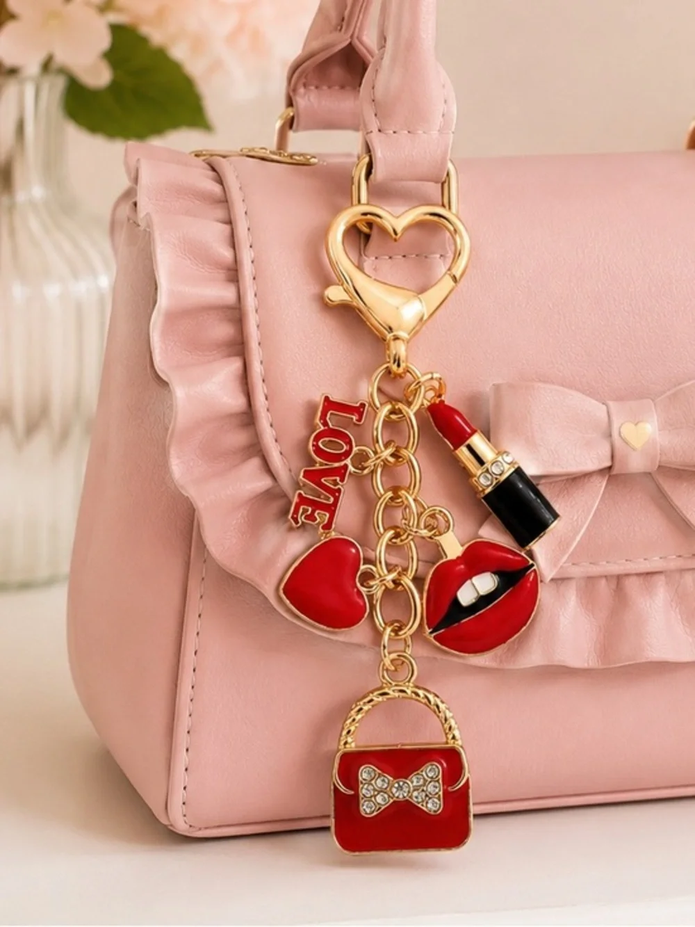 Pink Ruffle Top-Handle Women’s Handbag with Love Charm